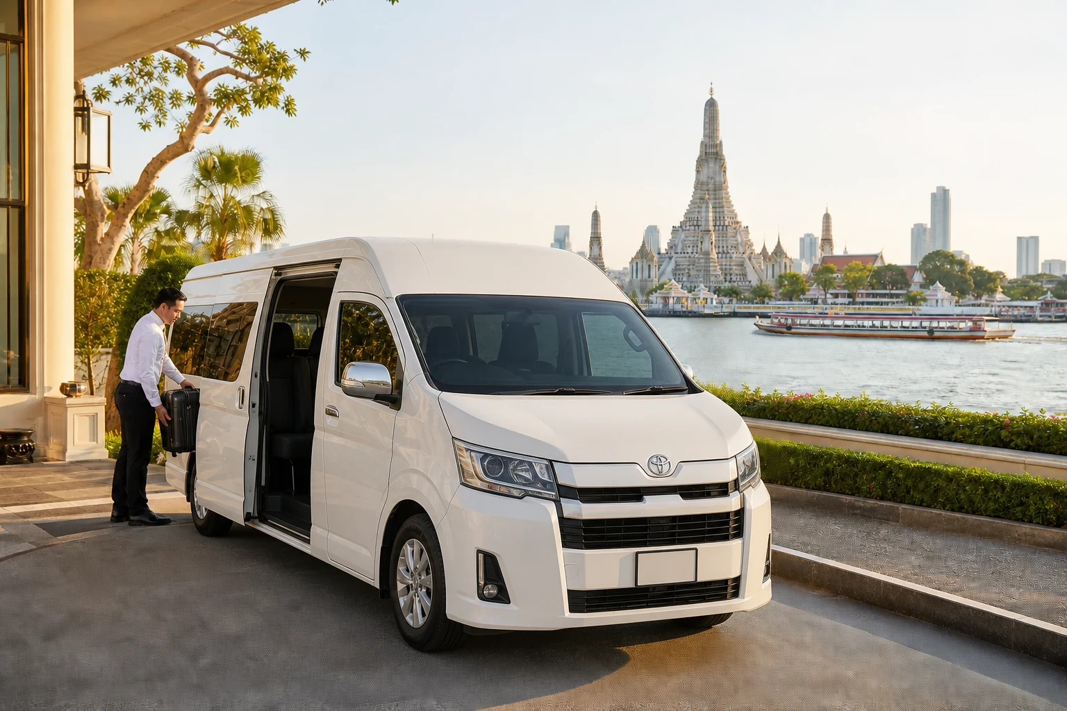 Private van pickup beside the Chao Phraya River in Bangkok